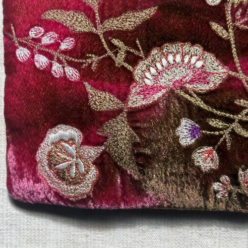 Jane Embroidered Silk Velvet Perfect Zip Pouch in Shaded Light Rouge