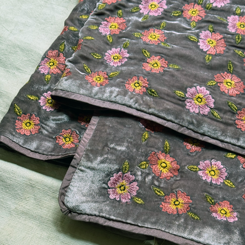 Happy Flower Frame Embroidered Silk Velvet Throw in Lavender