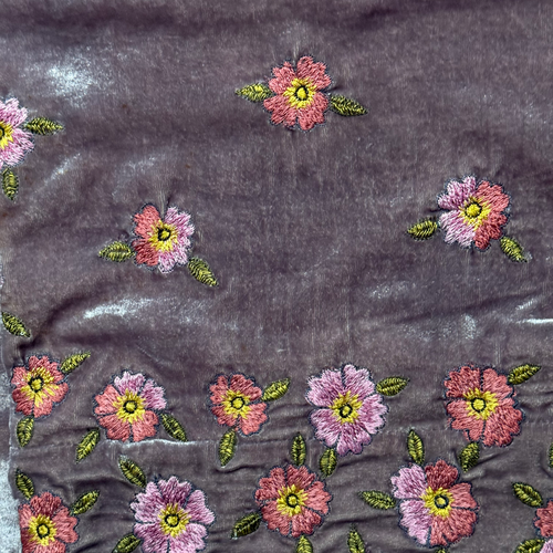 Happy Flower Frame Embroidered Silk Velvet Throw in Lavender