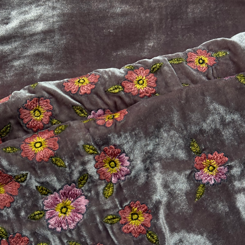 Happy Flower Frame Embroidered Silk Velvet Throw in Lavender