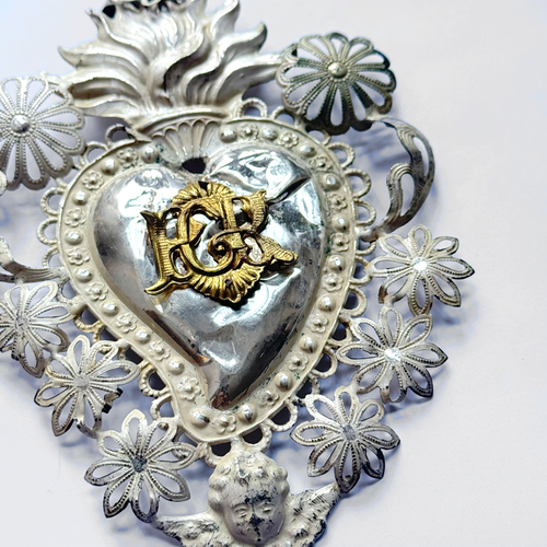 19th-century Italian Ex-Voto Sacred Silver Heart (#1)