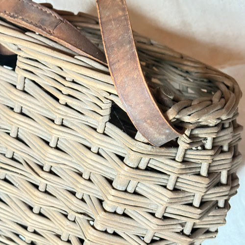 Antique Open Top Wicker Basket with Leather Strap