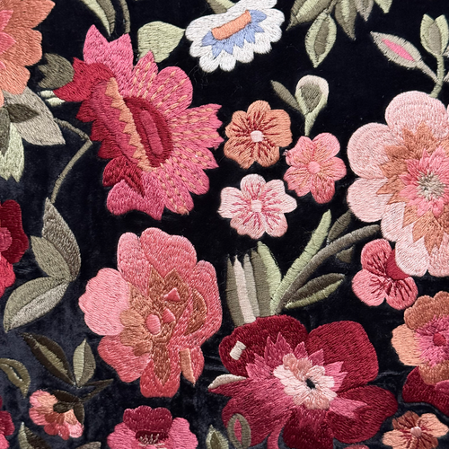 Eva Embroidered Silk Velvet Cushion in Black