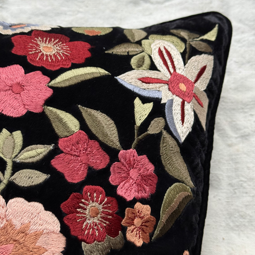 Eva Embroidered Silk Velvet Cushion in Black