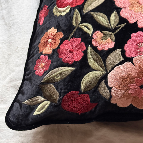 Eva Embroidered Silk Velvet Cushion in Black