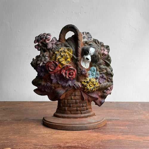Antique American Cast Iron Flower Basket with Dog Doorstop