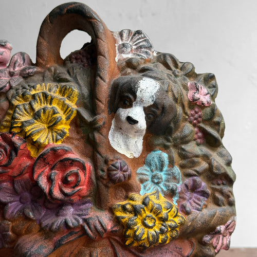 Antique American Cast Iron Flower Basket with Dog Doorstop