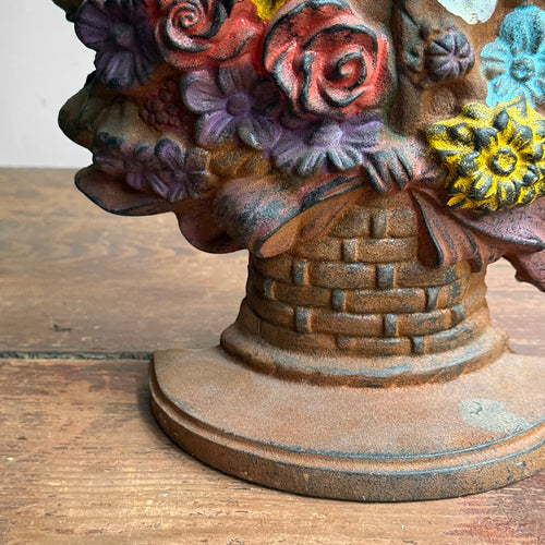 Antique American Cast Iron Flower Basket with Dog Doorstop