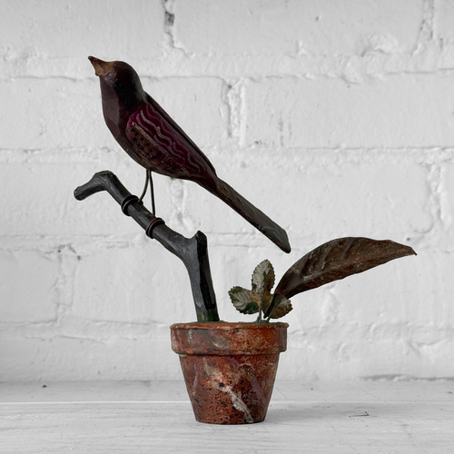 Black Forest Carved Perched Bird on Clay Pot (#1)