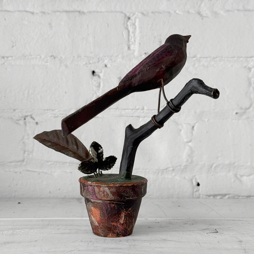 Black Forest Carved Perched Bird on Clay Pot (#1)
