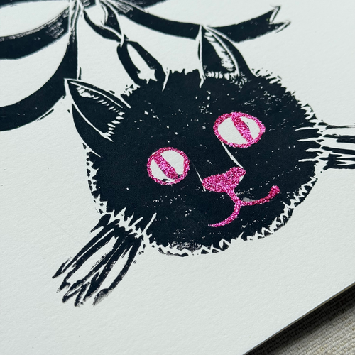 Block Printed Black Cat Folded Card