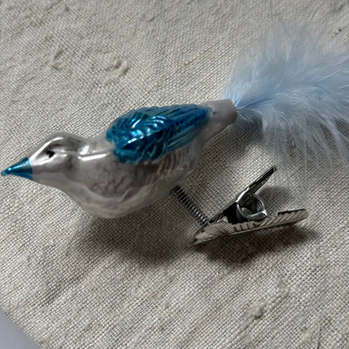 Nostalgic Clip-on Blue Bird Ornament with Feathers