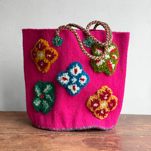 PO! Paris Nathalie Lete Woven & Knotted "Les Petites Fleur" Tote Bag in Rose