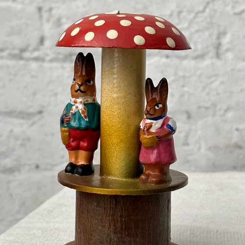 Ino Schaller Papier-Maché Mushroom Candy Box with Festive Rabbits