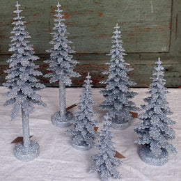 Set of 6 Glitter Spruce Trees in Silver