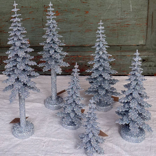 Set of 6 Glitter Spruce Trees in Silver