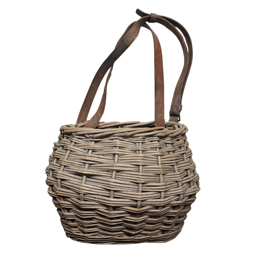 Antique Open Top Wicker Basket with Leather Strap