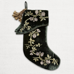 Blossom Embroidered Silk Velvet Holiday Stocking in Dark Green