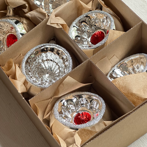 Set of 6 Nostalgic Silver & Red Reflector Ball Ornaments