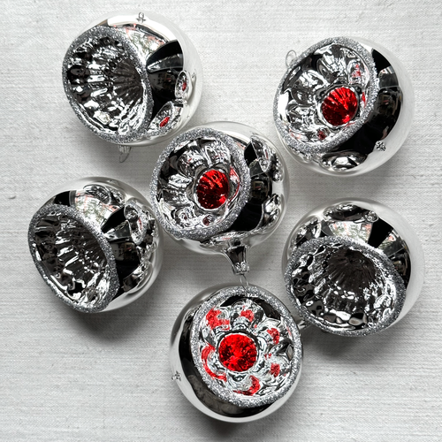 Set of 6 Nostalgic Silver & Red Reflector Ball Ornaments