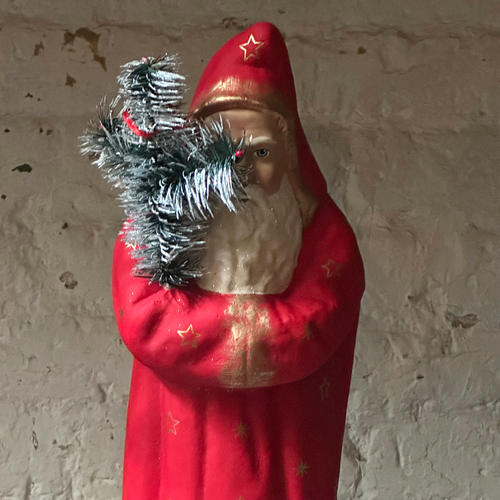 Papier-Mâché Santa in Red Coat with Gold Stars Feather Tree