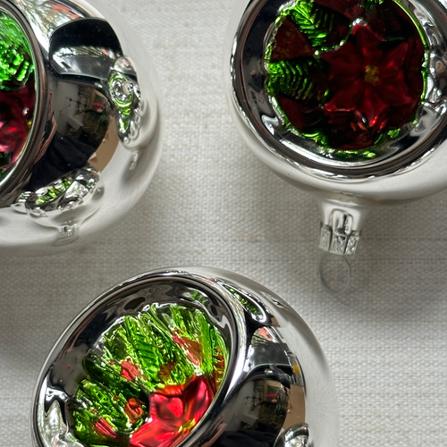 Set of 6 Nostalgic Christmas Poinsettia Flower Reflector Ball Ornaments