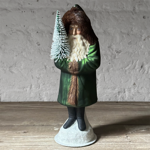 Papier-Mâché Santa with Old Finished Green Coat with Fur Cap