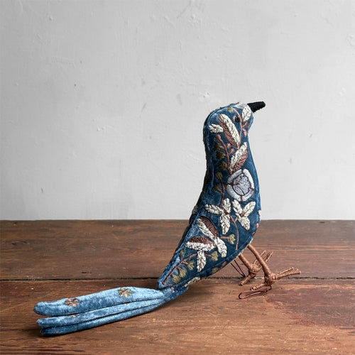 Yana Embroidered Silk Velvet Standing Bird in Riviera Blue