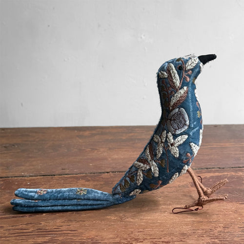 Yana Embroidered Silk Velvet Standing Bird in Riviera Blue