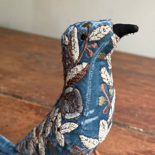 Yana Embroidered Silk Velvet Standing Bird in Riviera Blue