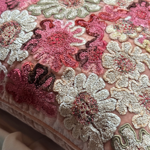 Anouk Embroidered Silk Velvet Cushion in Rose Quartz