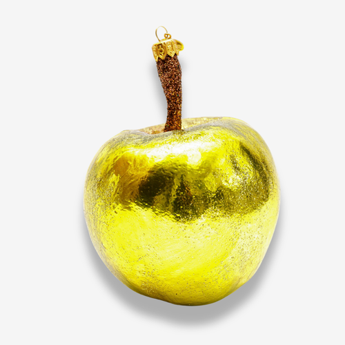 A decorative apple-shaped ornament with a glossy yellow marbled finish, a brown stem, and a small gold hanging loop at the top, photographed on a clean white background.