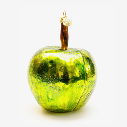A decorative apple-shaped ornament with a glossy green and yellow marbled finish, a brown stem, and a small gold hanging loop at the top, photographed on a clean white background.