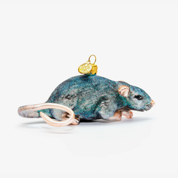 A small decorative mouse figurine or ornament in textured blue, teal, and pink tones, with a gold hanging loop and tag on its head, photographed on a clean white background.