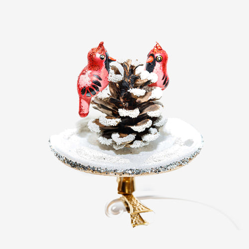 Plate With Cardinals and Pine Cone Clip-On Ornament