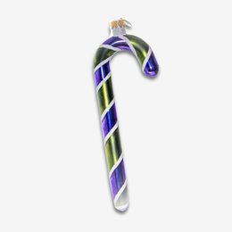 A candy cane-shaped glass ornament with diagonal purple, green, and white spiral stripes, featuring a clear hanging loop at the top.