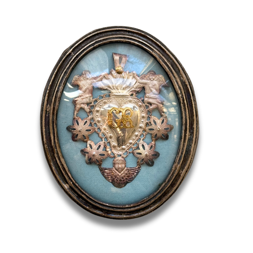 19th-century Italian Ex-Voto Sacred Silver Heart in Oval Hanging Case (No. 121)