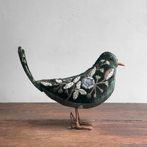 Yana Embroidered Silk Velvet Black Bird in Bottle Green