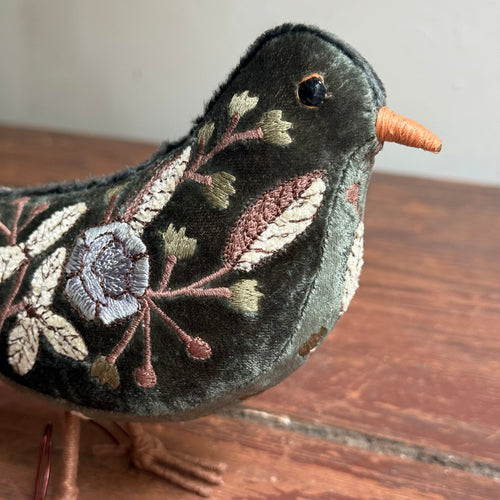 Yana Embroidered Silk Velvet Black Bird in Bottle Green