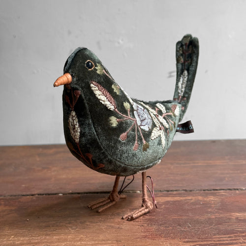Yana Embroidered Silk Velvet Black Bird in Bottle Green