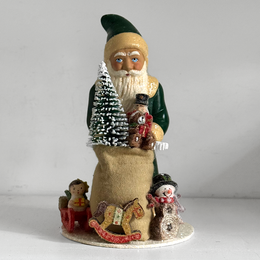 Papier-Mâché Green Santa with Toy Sack