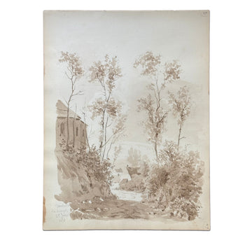 19th Century French Monochromatic Watercolor Painting by Alphonse Baril (#47)