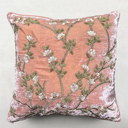 Tuileries Embroidered Silk Velvet Cushion in Pink Quartz
