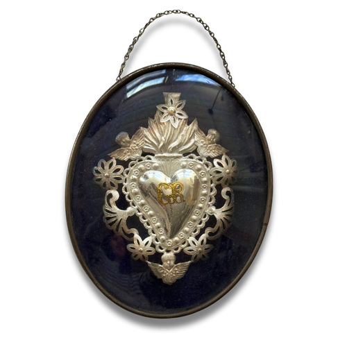 19th-century Italian Ex-Voto Sacred Silver Heart in Oval Hanging Case (No. 122)