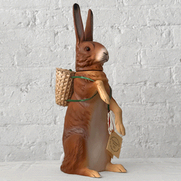 Ino Schaller XL Papier-Maché Light Brown Standing Rabbit with Wicker Basket