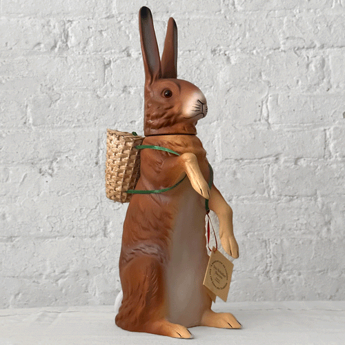 Ino Schaller XL Papier-Maché Light Brown Standing Rabbit with Wicker Basket