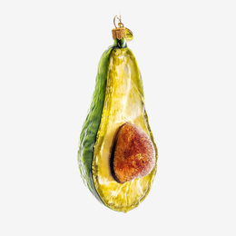 An avocado-shaped hanging ornament with a glossy green skin, yellow-green flesh, and a brown pit, shown against a plain light gray background.