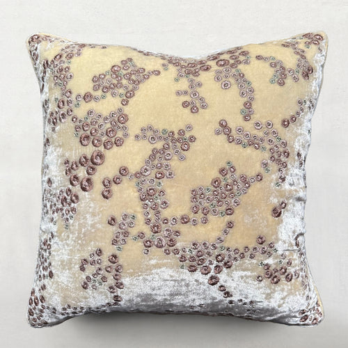 Harvest  Embroidered Silk Velvet Cushion in Champagne