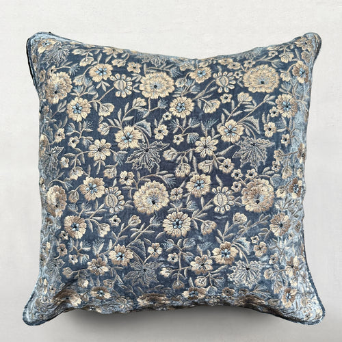 Kensington Embroidered Silk Velvet Cushion in Indigo
