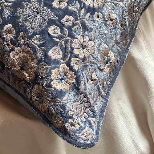 Kensington Embroidered Silk Velvet Cushion in Indigo
